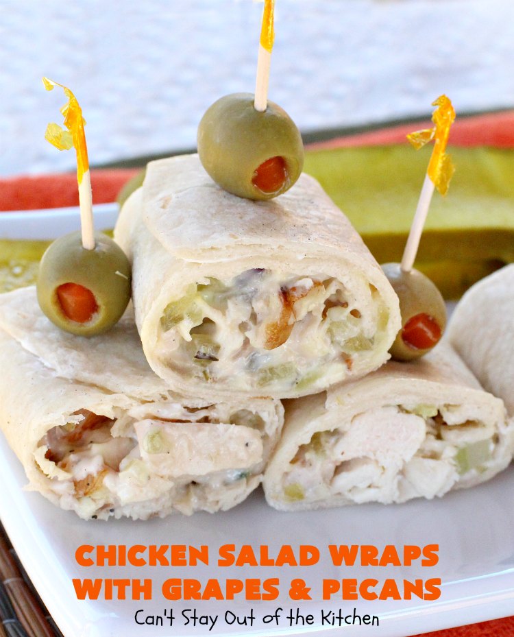 Chicken Salad Wraps with Grapes and Pecans | Can't Stay Out of the Kitchen | these fantastic #wraps are some of the best #ChickenSaladWraps you'll ever eat. These are crunchy & delicious & include #pecans and #grapes. Terrific for #tailgating parties, potlucks, office lunches & quick weekend meals when you're busy attending your kid's soccer games. #Salad #ChickenSalad #sandwiches #tortillas #ChickenSaladWrapsWithGrapesAndPecans #ChickenSaladSandwiches