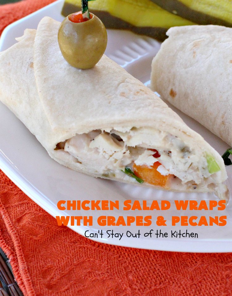 Chicken Salad Wraps with Grapes and Pecans | Can't Stay Out of the Kitchen | these fantastic #wraps are some of the best #ChickenSaladWraps you'll ever eat. These are crunchy & delicious & include #pecans and #grapes. Terrific for #tailgating parties, potlucks, office lunches & quick weekend meals when you're busy attending your kid's soccer games. #Salad #ChickenSalad #sandwiches #tortillas #ChickenSaladWrapsWithGrapesAndPecans #ChickenSaladSandwiches