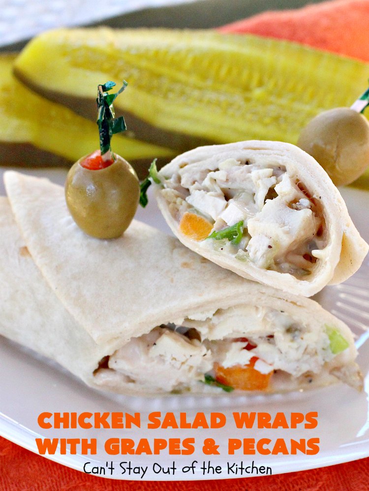 Chicken Salad Wraps with Grapes and Pecans | Can't Stay Out of the Kitchen | these fantastic #wraps are some of the best #ChickenSaladWraps you'll ever eat. These are crunchy & delicious & include #pecans and #grapes. Terrific for #tailgating parties, potlucks, office lunches & quick weekend meals when you're busy attending your kid's soccer games. #Salad #ChickenSalad #sandwiches #tortillas #ChickenSaladWrapsWithGrapesAndPecans #ChickenSaladSandwiches