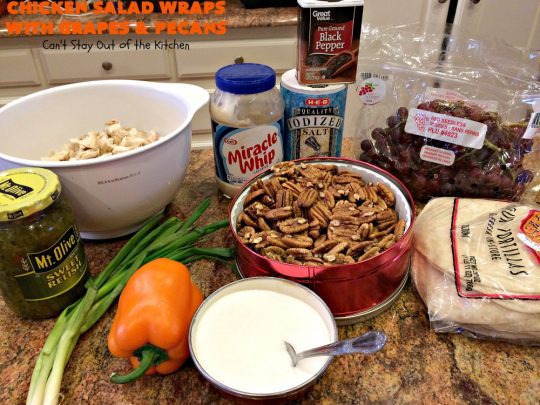 Chicken Salad Wraps with Grapes and Pecans | Can't Stay Out of the Kitchen | these fantastic #wraps are some of the best #ChickenSaladWraps you'll ever eat. These are crunchy & delicious & include #pecans and #grapes. Terrific for #tailgating parties, potlucks, office lunches & quick weekend meals when you're busy attending your kid's soccer games. #Salad #ChickenSalad #sandwiches #tortillas #ChickenSaladWrapsWithGrapesAndPecans #ChickenSaladSandwiches