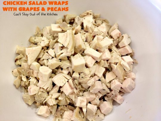 Chicken Salad Wraps with Grapes and Pecans | Can't Stay Out of the Kitchen | these fantastic #wraps are some of the best #ChickenSaladWraps you'll ever eat. These are crunchy & delicious & include #pecans and #grapes. Terrific for #tailgating parties, potlucks, office lunches & quick weekend meals when you're busy attending your kid's soccer games. #Salad #ChickenSalad #sandwiches #tortillas #ChickenSaladWrapsWithGrapesAndPecans #ChickenSaladSandwiches