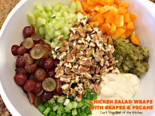 Chicken Salad Wraps with Grapes and Pecans | Can't Stay Out of the Kitchen | these fantastic #wraps are some of the best #ChickenSaladWraps you'll ever eat. These are crunchy & delicious & include #pecans and #grapes. Terrific for #tailgating parties, potlucks, office lunches & quick weekend meals when you're busy attending your kid's soccer games. #Salad #ChickenSalad #sandwiches #tortillas #ChickenSaladWrapsWithGrapesAndPecans #ChickenSaladSandwiches