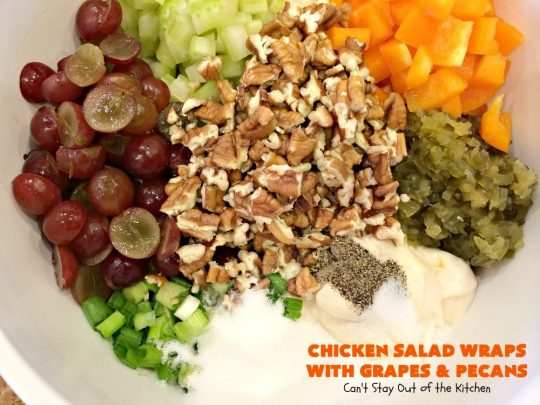 Chicken Salad Wraps with Grapes and Pecans | Can't Stay Out of the Kitchen | these fantastic #wraps are some of the best #ChickenSaladWraps you'll ever eat. These are crunchy & delicious & include #pecans and #grapes. Terrific for #tailgating parties, potlucks, office lunches & quick weekend meals when you're busy attending your kid's soccer games. #Salad #ChickenSalad #sandwiches #tortillas #ChickenSaladWrapsWithGrapesAndPecans #ChickenSaladSandwiches
