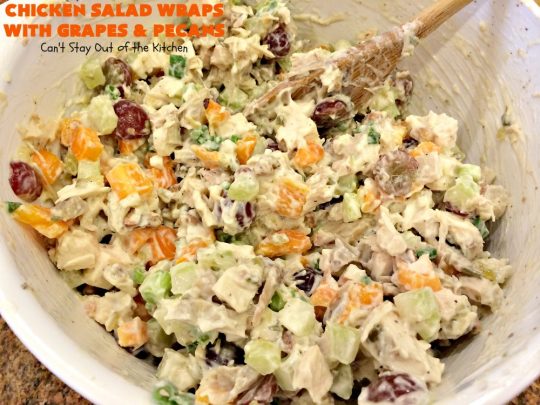 Chicken Salad Wraps with Grapes and Pecans | Can't Stay Out of the Kitchen | these fantastic #wraps are some of the best #ChickenSaladWraps you'll ever eat. These are crunchy & delicious & include #pecans and #grapes. Terrific for #tailgating parties, potlucks, office lunches & quick weekend meals when you're busy attending your kid's soccer games. #Salad #ChickenSalad #sandwiches #tortillas #ChickenSaladWrapsWithGrapesAndPecans #ChickenSaladSandwiches