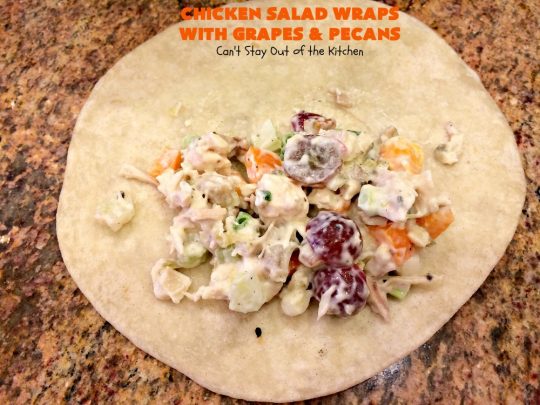 Chicken Salad Wraps with Grapes and Pecans | Can't Stay Out of the Kitchen | these fantastic #wraps are some of the best #ChickenSaladWraps you'll ever eat. These are crunchy & delicious & include #pecans and #grapes. Terrific for #tailgating parties, potlucks, office lunches & quick weekend meals when you're busy attending your kid's soccer games. #Salad #ChickenSalad #sandwiches #tortillas #ChickenSaladWrapsWithGrapesAndPecans #ChickenSaladSandwiches