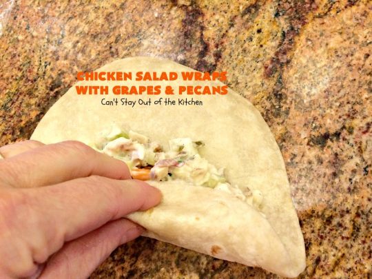 Chicken Salad Wraps with Grapes and Pecans | Can't Stay Out of the Kitchen | these fantastic #wraps are some of the best #ChickenSaladWraps you'll ever eat. These are crunchy & delicious & include #pecans and #grapes. Terrific for #tailgating parties, potlucks, office lunches & quick weekend meals when you're busy attending your kid's soccer games. #Salad #ChickenSalad #sandwiches #tortillas #ChickenSaladWrapsWithGrapesAndPecans #ChickenSaladSandwiches