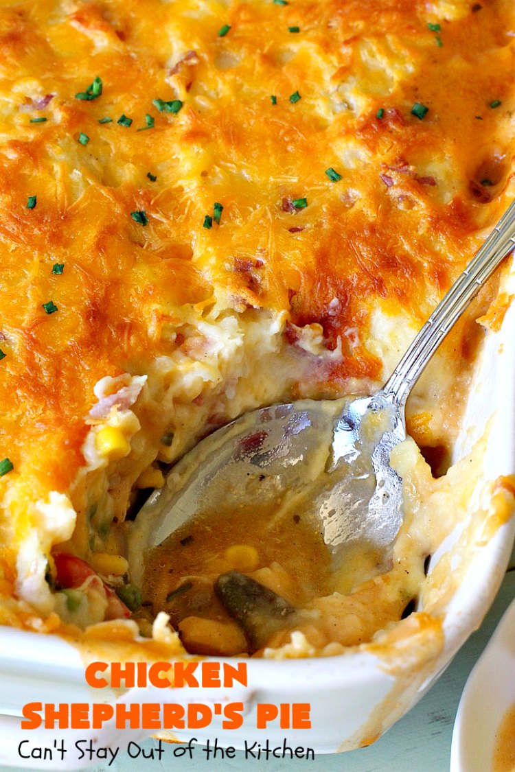 Chicken Shepherd's Pie | Can't Stay Out of the Kitchen | this #chicken version of #ShepherdsPie is spectacular. You'll never want to try another #recipe after sinking your teeth into this fantastic entree. #carrots #corn #peas #GreenBeans #GlutenFree #ChickenShepherdsPie