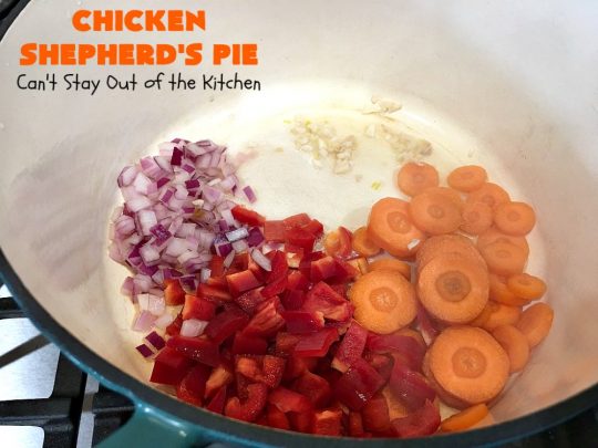 Chicken Shepherd's Pie | Can't Stay Out of the Kitchen | this #chicken version of #ShepherdsPie is spectacular. You'll never want to try another #recipe after sinking your teeth into this fantastic entree. #carrots #corn #peas #GreenBeans #GlutenFree #ChickenShepherdsPie