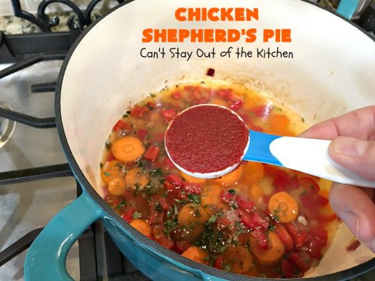 Chicken Shepherd's Pie | Can't Stay Out of the Kitchen | this #chicken version of #ShepherdsPie is spectacular. You'll never want to try another #recipe after sinking your teeth into this fantastic entree. #carrots #corn #peas #GreenBeans #GlutenFree #ChickenShepherdsPie