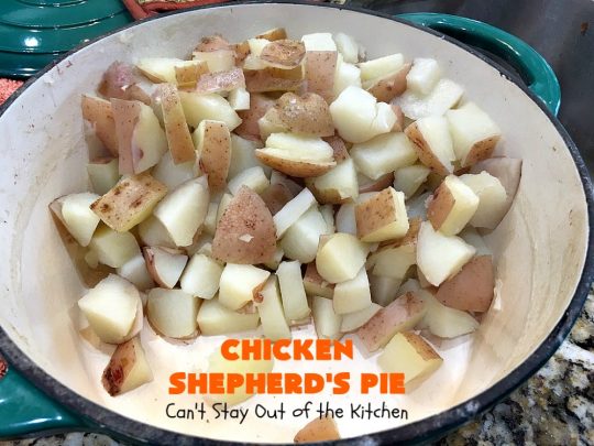 Chicken Shepherd's Pie | Can't Stay Out of the Kitchen | this #chicken version of #ShepherdsPie is spectacular. You'll never want to try another #recipe after sinking your teeth into this fantastic entree. #carrots #corn #peas #GreenBeans #GlutenFree #ChickenShepherdsPie