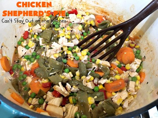 Chicken Shepherd's Pie | Can't Stay Out of the Kitchen | this #chicken version of #ShepherdsPie is spectacular. You'll never want to try another #recipe after sinking your teeth into this fantastic entree. #carrots #corn #peas #GreenBeans #GlutenFree #ChickenShepherdsPie