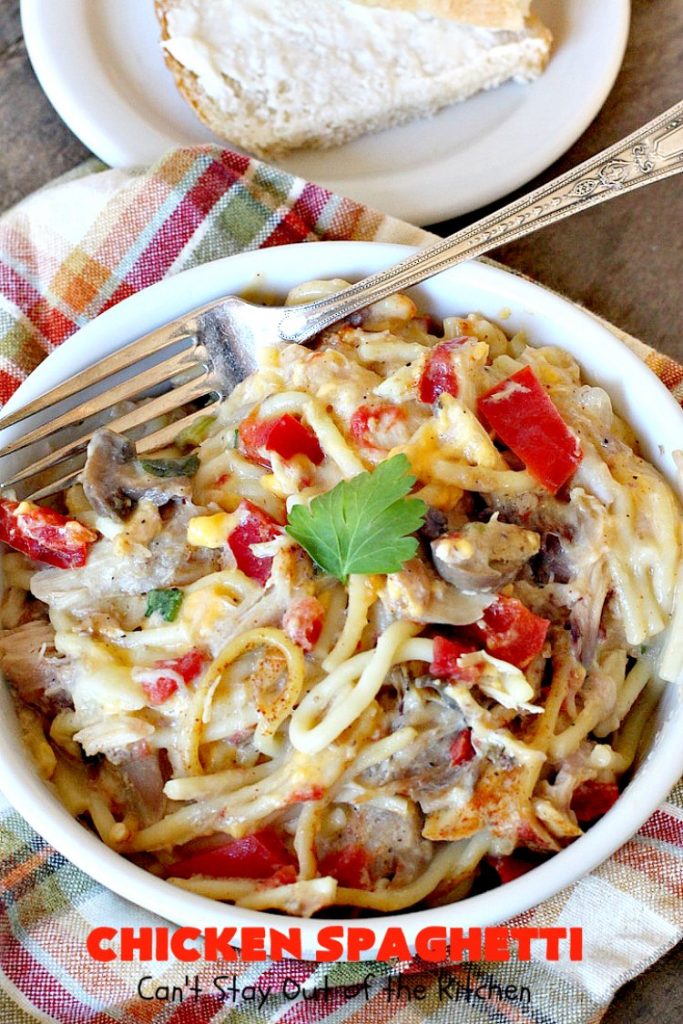 Chicken Spaghetti | Can't Stay Out of the Kitchen | this awesome #TexMex #chicken entree is delicious for company dinners. The recipe makes 2 #casseroles. One for now and one to freeze for later! #pasta #spaghetti #cheese