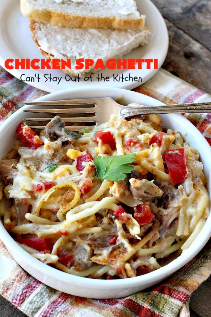 Chicken Spaghetti | Can't Stay Out of the Kitchen | this awesome #TexMex #chicken entree is delicious for company dinners. The recipe makes 2 #casseroles. One for now and one to freeze for later! #pasta #spaghetti #cheese