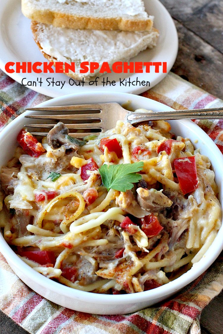Chicken Spaghetti | Can't Stay Out of the Kitchen | this awesome #TexMex #chicken entree is delicious for company dinners. The recipe makes 2 #casseroles. One for now and one to freeze for later! #pasta #spaghetti #cheese