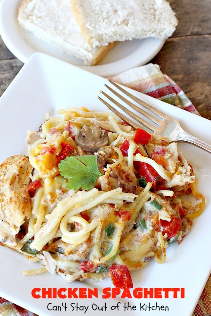 Chicken Spaghetti | Can't Stay Out of the Kitchen | this awesome #TexMex #chicken entree is delicious for company dinners. The recipe makes 2 #casseroles. One for now and one to freeze for later! #pasta #spaghetti #cheese