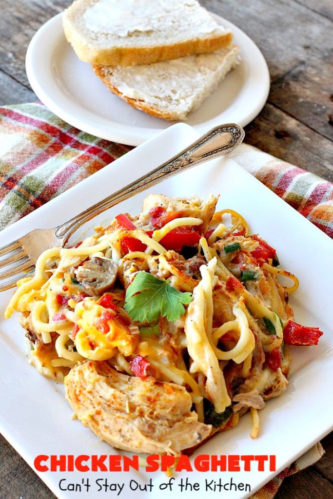 Chicken Spaghetti | Can't Stay Out of the Kitchen | this awesome #TexMex #chicken entree is delicious for company dinners. The recipe makes 2 #casseroles. One for now and one to freeze for later! #pasta #spaghetti #cheese