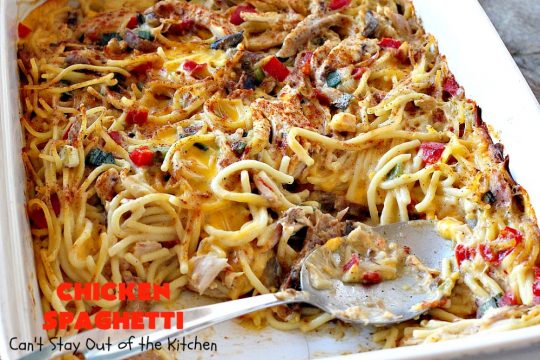 Chicken Spaghetti | Can't Stay Out of the Kitchen | this awesome #TexMex #chicken entree is delicious for company dinners. The recipe makes 2 #casseroles. One for now and one to freeze for later! #pasta #spaghetti #cheese