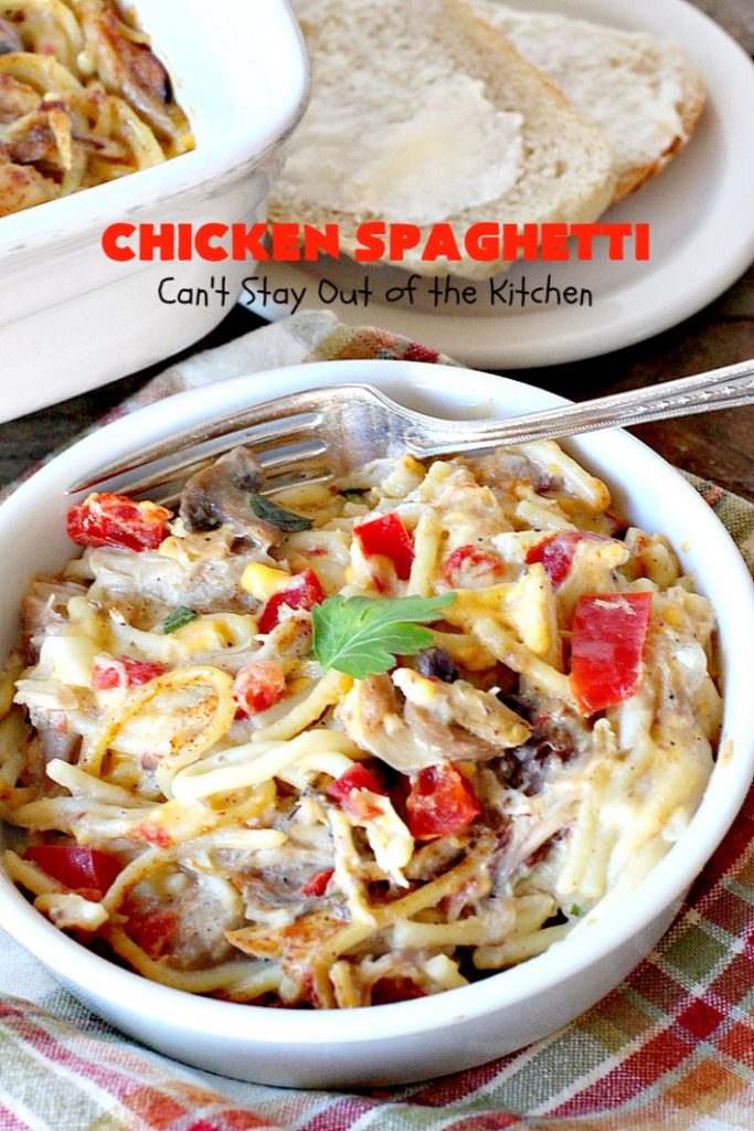 Chicken Spaghetti | Can't Stay Out of the Kitchen | this awesome #TexMex #chicken entree is delicious for company dinners. The recipe makes 2 #casseroles. One for now and one to freeze for later! #pasta #spaghetti #cheese