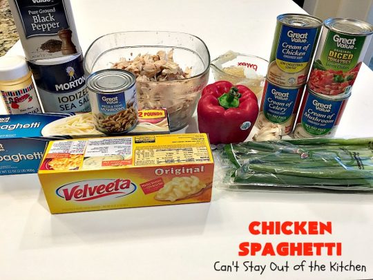 Chicken Spaghetti | Can't Stay Out of the Kitchen | this awesome #TexMex #chicken entree is delicious for company dinners. The recipe makes 2 #casseroles. One for now and one to freeze for later! #pasta #spaghetti #cheese