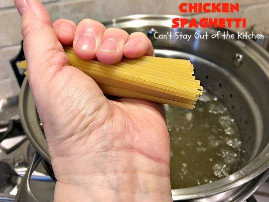 Chicken Spaghetti | Can't Stay Out of the Kitchen | this awesome #TexMex #chicken entree is delicious for company dinners. The recipe makes 2 #casseroles. One for now and one to freeze for later! #pasta #spaghetti #cheese