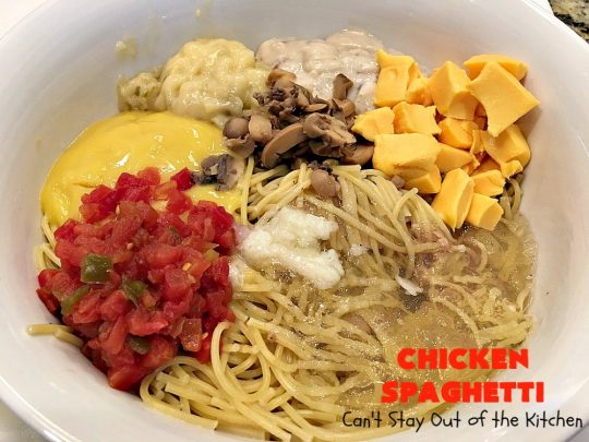 Chicken Spaghetti | Can't Stay Out of the Kitchen | this awesome #TexMex #chicken entree is delicious for company dinners. The recipe makes 2 #casseroles. One for now and one to freeze for later! #pasta #spaghetti #cheese