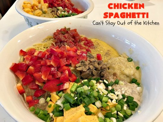 Chicken Spaghetti | Can't Stay Out of the Kitchen | this awesome #TexMex #chicken entree is delicious for company dinners. The recipe makes 2 #casseroles. One for now and one to freeze for later! #pasta #spaghetti #cheese