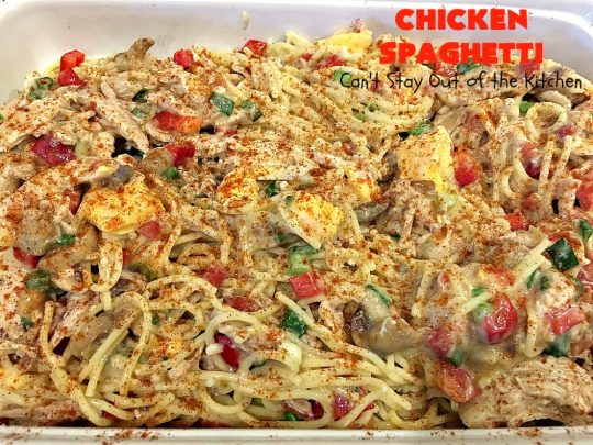Chicken Spaghetti | Can't Stay Out of the Kitchen | this awesome #TexMex #chicken entree is delicious for company dinners. The recipe makes 2 #casseroles. One for now and one to freeze for later! #pasta #spaghetti #cheese