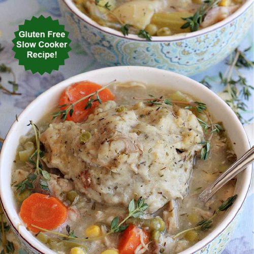 Chicken Stew With Fluffy Dumplings | Can't Stay Out of the Kitchen | this heartening #OneDishMeal is so comforting & rewarding. The #FluffyDumplings are light & airy rather than dense & heavy. They're seasoned with plenty of herbs to make them flavorful instead of being plain & tasteless. The comfort food #recipe is excellent for family or company dinners & it's easier than many entrees since it's made in the #crockpot. We receive rave reviews every time we serve this excellent #entree. #chicken #ChickenStew #peas #dumplings #corn #GreenBeans #carrots #GlutenFree #ChickenStewWithFluffyDumplings