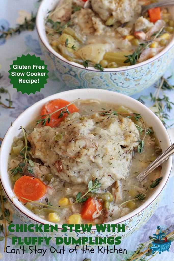 Chicken Stew With Fluffy Dumplings | Can't Stay Out of the Kitchen | this heartening #OneDishMeal is so comforting & rewarding. The #FluffyDumplings are light & airy rather than dense & heavy. They're seasoned with plenty of herbs to make them flavorful instead of being plain & tasteless. The comfort food #recipe is excellent for family or company dinners & it's easier than many entrees since it's made in the #crockpot. We receive rave reviews every time we serve this excellent #entree. #chicken #ChickenStew #peas #dumplings #corn #GreenBeans #carrots #GlutenFree #ChickenStewWithFluffyDumplings
