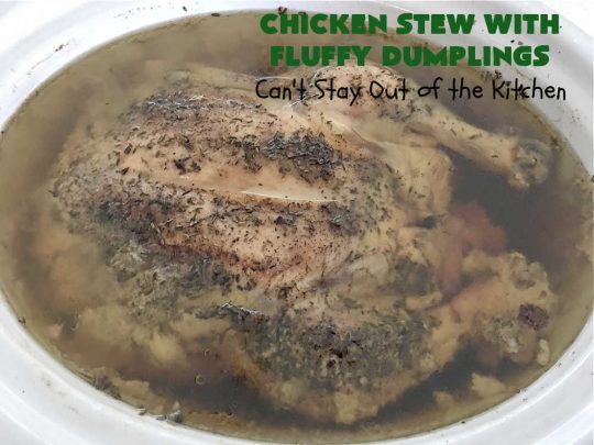 Chicken Stew With Fluffy Dumplings | Can't Stay Out of the Kitchen | this heartening #OneDishMeal is so comforting & rewarding. The #FluffyDumplings are light & airy rather than dense & heavy. They're seasoned with plenty of herbs to make them flavorful instead of being plain & tasteless. The comfort food #recipe is excellent for family or company dinners & it's easier than many entrees since it's made in the #crockpot. We receive rave reviews every time we serve this excellent #entree. #chicken #ChickenStew #peas #dumplings #corn #GreenBeans #carrots #GlutenFree #ChickenStewWithFluffyDumplings