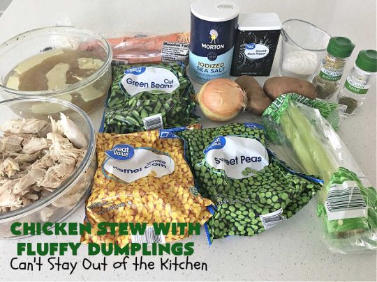 Chicken Stew With Fluffy Dumplings | Can't Stay Out of the Kitchen | this heartening #OneDishMeal is so comforting & rewarding. The #FluffyDumplings are light & airy rather than dense & heavy. They're seasoned with plenty of herbs to make them flavorful instead of being plain & tasteless. The comfort food #recipe is excellent for family or company dinners & it's easier than many entrees since it's made in the #crockpot. We receive rave reviews every time we serve this excellent #entree. #chicken #ChickenStew #peas #dumplings #corn #GreenBeans #carrots #GlutenFree #ChickenStewWithFluffyDumplings