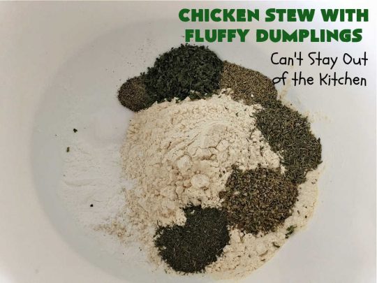 Chicken Stew With Fluffy Dumplings | Can't Stay Out of the Kitchen | this heartening #OneDishMeal is so comforting & rewarding. The #FluffyDumplings are light & airy rather than dense & heavy. They're seasoned with plenty of herbs to make them flavorful instead of being plain & tasteless. The comfort food #recipe is excellent for family or company dinners & it's easier than many entrees since it's made in the #crockpot. We receive rave reviews every time we serve this excellent #entree. #chicken #ChickenStew #peas #dumplings #corn #GreenBeans #carrots #GlutenFree #ChickenStewWithFluffyDumplings