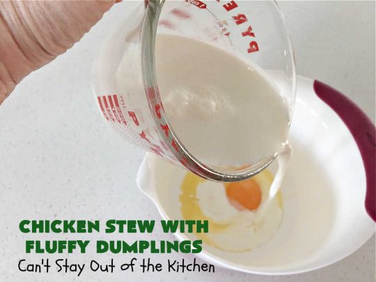 Chicken Stew With Fluffy Dumplings | Can't Stay Out of the Kitchen | this heartening #OneDishMeal is so comforting & rewarding. The #FluffyDumplings are light & airy rather than dense & heavy. They're seasoned with plenty of herbs to make them flavorful instead of being plain & tasteless. The comfort food #recipe is excellent for family or company dinners & it's easier than many entrees since it's made in the #crockpot. We receive rave reviews every time we serve this excellent #entree. #chicken #ChickenStew #peas #dumplings #corn #GreenBeans #carrots #GlutenFree #ChickenStewWithFluffyDumplings
