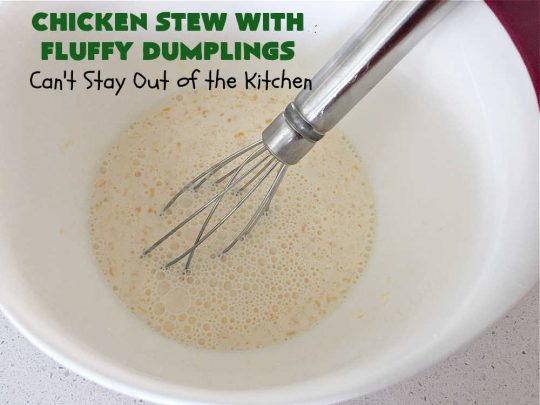 Chicken Stew With Fluffy Dumplings | Can't Stay Out of the Kitchen | this heartening #OneDishMeal is so comforting & rewarding. The #FluffyDumplings are light & airy rather than dense & heavy. They're seasoned with plenty of herbs to make them flavorful instead of being plain & tasteless. The comfort food #recipe is excellent for family or company dinners & it's easier than many entrees since it's made in the #crockpot. We receive rave reviews every time we serve this excellent #entree. #chicken #ChickenStew #peas #dumplings #corn #GreenBeans #carrots #GlutenFree #ChickenStewWithFluffyDumplings