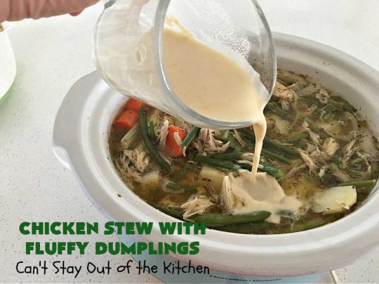 Chicken Stew With Fluffy Dumplings | Can't Stay Out of the Kitchen | this heartening #OneDishMeal is so comforting & rewarding. The #FluffyDumplings are light & airy rather than dense & heavy. They're seasoned with plenty of herbs to make them flavorful instead of being plain & tasteless. The comfort food #recipe is excellent for family or company dinners & it's easier than many entrees since it's made in the #crockpot. We receive rave reviews every time we serve this excellent #entree. #chicken #ChickenStew #peas #dumplings #corn #GreenBeans #carrots #GlutenFree #ChickenStewWithFluffyDumplings
