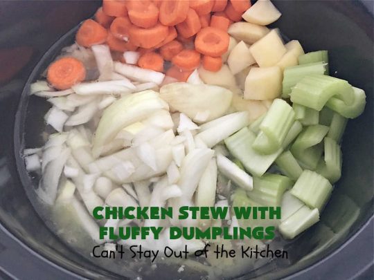 Chicken Stew With Fluffy Dumplings | Can't Stay Out of the Kitchen | this heartening #OneDishMeal is so comforting & rewarding. The #FluffyDumplings are light & airy rather than dense & heavy. They're seasoned with plenty of herbs to make them flavorful instead of being plain & tasteless. The comfort food #recipe is excellent for family or company dinners & it's easier than many entrees since it's made in the #crockpot. We receive rave reviews every time we serve this excellent #entree. #chicken #ChickenStew #peas #dumplings #corn #GreenBeans #carrots #GlutenFree #ChickenStewWithFluffyDumplings