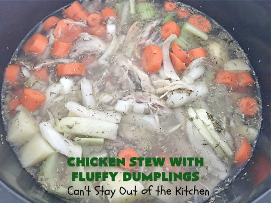 Chicken Stew With Fluffy Dumplings | Can't Stay Out of the Kitchen | this heartening #OneDishMeal is so comforting & rewarding. The #FluffyDumplings are light & airy rather than dense & heavy. They're seasoned with plenty of herbs to make them flavorful instead of being plain & tasteless. The comfort food #recipe  is excellent for family or company dinners & it's easier than many entrees since it's made in the #crockpot. We receive rave reviews every time we serve this excellent #entree. #chicken #ChickenStew #peas #dumplings #corn #GreenBeans #carrots #GlutenFree #ChickenStewWithFluffyDumplings