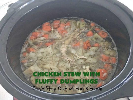 Chicken Stew With Fluffy Dumplings | Can't Stay Out of the Kitchen | this heartening #OneDishMeal is so comforting & rewarding. The #FluffyDumplings are light & airy rather than dense & heavy. They're seasoned with plenty of herbs to make them flavorful instead of being plain & tasteless. The comfort food #recipe is excellent for family or company dinners & it's easier than many entrees since it's made in the #crockpot. We receive rave reviews every time we serve this excellent #entree. #chicken #ChickenStew #peas #dumplings #corn #GreenBeans #carrots #GlutenFree #ChickenStewWithFluffyDumplings
