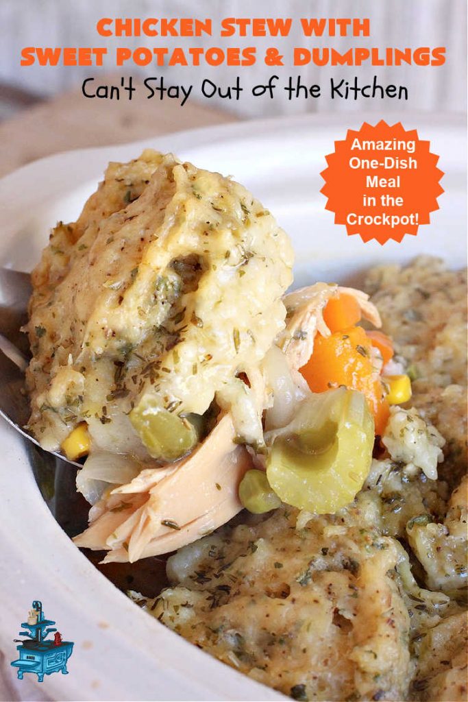 Chicken Stew with Sweet Potatoes and Dumplings | Can't Stay Out of the Kitchen | this delightful #ChickenStew is one of the best comfort food #recipes ever. #SweetPotatoes & #MixedVegetables are complemented with some of the most irresistible #dumplings. It's a great main dish for family or company dinners. #ChickenStewWithSweetPotatoesAndDumplings