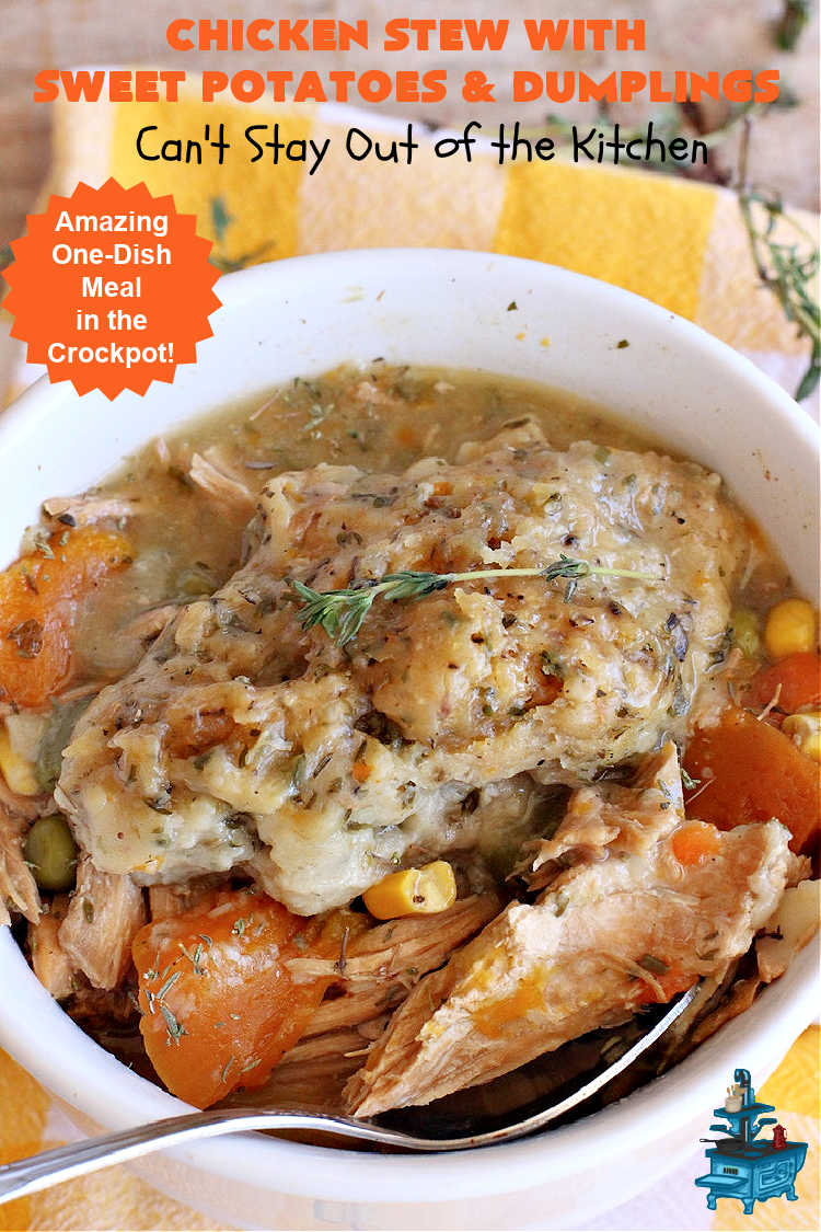 Chicken Stew with Sweet Potatoes and Dumplings | Can't Stay Out of the Kitchen | this delightful #ChickenStew is one of the best comfort food #recipes ever. #SweetPotatoes & #MixedVegetables are complemented with some of the most irresistible #dumplings. It's a great main dish for family or company dinners. #ChickenStewWithSweetPotatoesAndDumplings