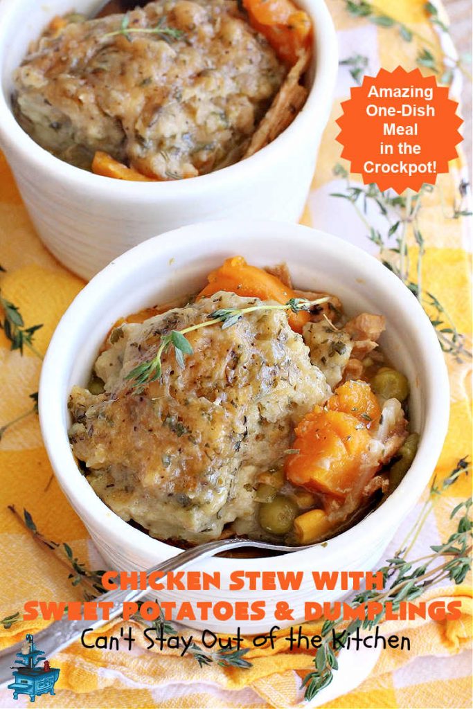 Chicken Stew with Sweet Potatoes and Dumplings | Can't Stay Out of the Kitchen | this delightful #ChickenStew is one of the best comfort food #recipes ever. #SweetPotatoes & #MixedVegetables are complemented with some of the most irresistible #dumplings. It's a great main dish for family or company dinners. #ChickenStewWithSweetPotatoesAndDumplings