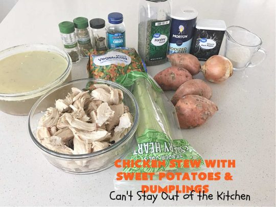 Chicken Stew with Sweet Potatoes and Dumplings | Can't Stay Out of the Kitchen | this delightful #ChickenStew is one of the best comfort food #recipes ever. #SweetPotatoes & #MixedVegetables are complemented with some of the most irresistible #dumplings. It's a great main dish for family or company dinners. #ChickenStewWithSweetPotatoesAndDumplings