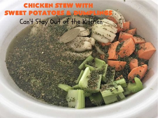 Chicken Stew with Sweet Potatoes and Dumplings | Can't Stay Out of the Kitchen | this delightful #ChickenStew is one of the best comfort food #recipes ever. #SweetPotatoes & #MixedVegetables are complemented with some of the most irresistible #dumplings. It's a great main dish for family or company dinners. #ChickenStewWithSweetPotatoesAndDumplings