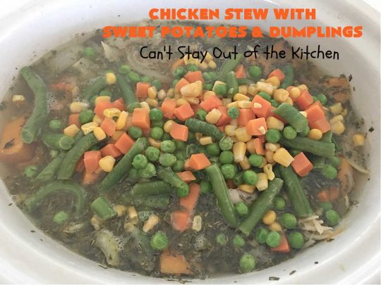 Chicken Stew with Sweet Potatoes and Dumplings | Can't Stay Out of the Kitchen | this delightful #ChickenStew is one of the best comfort food #recipes ever. #SweetPotatoes & #MixedVegetables are complemented with some of the most irresistible #dumplings. It's a great main dish for family or company dinners. #ChickenStewWithSweetPotatoesAndDumplings
