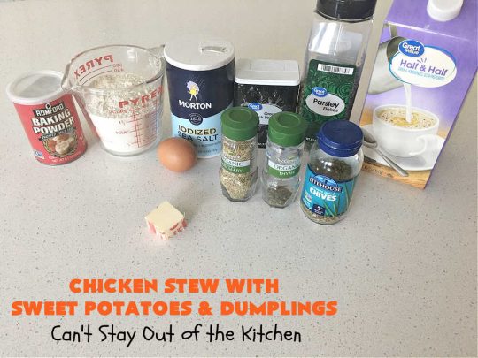 Chicken Stew with Sweet Potatoes and Dumplings | Can't Stay Out of the Kitchen | this delightful #ChickenStew is one of the best comfort food #recipes ever. #SweetPotatoes & #MixedVegetables are complemented with some of the most irresistible #dumplings. It's a great main dish for family or company dinners. #ChickenStewWithSweetPotatoesAndDumplings