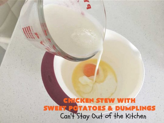 Chicken Stew with Sweet Potatoes and Dumplings | Can't Stay Out of the Kitchen | this delightful #ChickenStew is one of the best comfort food #recipes ever. #SweetPotatoes & #MixedVegetables are complemented with some of the most irresistible #dumplings. It's a great main dish for family or company dinners. #ChickenStewWithSweetPotatoesAndDumplings