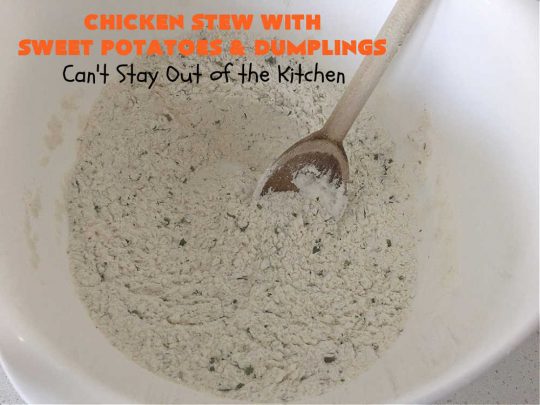 Chicken Stew with Sweet Potatoes and Dumplings | Can't Stay Out of the Kitchen | this delightful #ChickenStew is one of the best comfort food #recipes ever. #SweetPotatoes & #MixedVegetables are complemented with some of the most irresistible #dumplings. It's a great main dish for family or company dinners. #ChickenStewWithSweetPotatoesAndDumplings