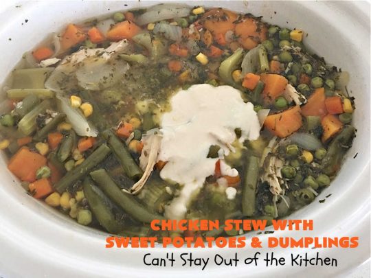 Chicken Stew with Sweet Potatoes and Dumplings | Can't Stay Out of the Kitchen | this delightful #ChickenStew is one of the best comfort food #recipes ever. #SweetPotatoes & #MixedVegetables are complemented with some of the most irresistible #dumplings. It's a great main dish for family or company dinners. #ChickenStewWithSweetPotatoesAndDumplings