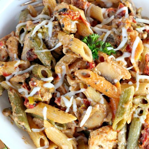 Chicken Sun-Dried Tomato and Mushroom Pasta | Can't Stay Out of the Kitchen | fabulous #pasta #recipe that's kid-friendly & terrific for family, company or #holiday dinners like #Easter or #MothersDay. #Chicken #Noodles #SunDriedTomatoes #Mushrooms #Italian #MozzarellaCheese #EasyPastaDish