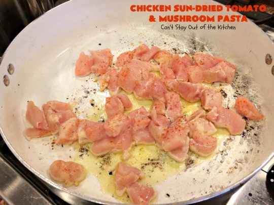 Chicken Sun-Dried Tomato and Mushroom Pasta | Can't Stay Out of the Kitchen | fabulous #pasta #recipe that's kid-friendly & terrific for family, company or #holiday dinners like #Easter or #MothersDay. #Chicken #Noodles #SunDriedTomatoes #Mushrooms #Italian #MozzarellaCheese #EasyPastaDish